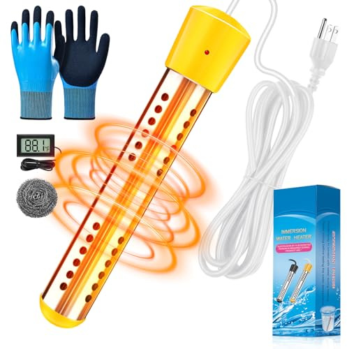 Immersion Water Heater with Insulated Gloves, 2000W Portable Water Heater with 304 SS Guard, Bucket Heater with LCD Thermometer, Quick Heating Immersion Heater for Home Camping Bath Pool Outdoor Use
