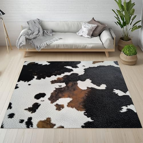 Dpvbffx Western Bauernhaus Teppich Wohnzimmer | Kuhfell Drucken Kurzflor Teppich 140x200 cm, Vintage Rustikale Teppiche Antirutsch Weich Waschbare Teppiche Kinderzimmer