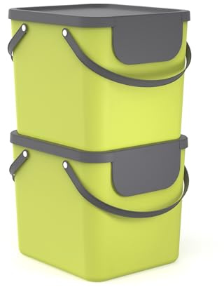 Rotho Albula Mülleimer Küche 2 x 40 L für die Mülltrennung Grün/Anthrazit | Papierkorb mit Deckel, Mülltrennsystem Küche mit zwei separaten 40-L-Behältern, stapelbar, Tragegriffe und Aufkleber