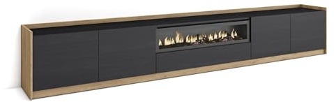 Skraut Home | Mueble TV | Televisión | Muebles de salón, almacenaje | 310x50x37 cm | para TV hasta 80 | Chimenea eléctrica | Estilo Moderno | Negro y Roble