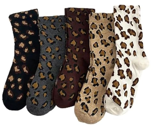 Muorruo 5 pares de calcetines térmicos para mujer, calcetines cómodos de algodón con estampado de leopardo, cálidos y neutrales para mujer, calcetines para el día a día, hogar, senderismo