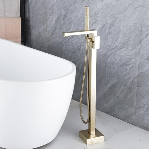 BiaoTeng Freistehende Wannenarmatur Gold Gebürstet 360° Drehbar Warm und Kalt Badewannenarmatur Bodenmontage Armatur Badewanne mit Handbrause