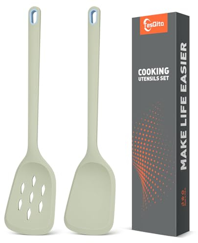 Silicone Spatula Set of 2 Pack, Heat Resistant Solid&Slotted Turner (GREEN) | BPA Free Kitchen Spatulas for Nonstick Cookware, One-Piece Design, Suitable for Cooking, Sautéing, Frying and Flipping