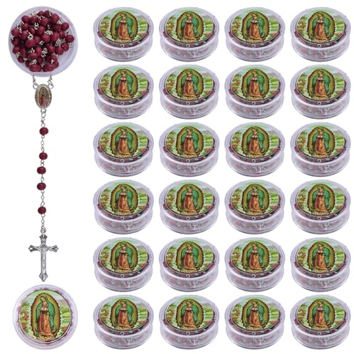 WANDIC Roter Rosenkranz aus Holz mit Kreuz-Anhänger, katholische Rosarios mit runder Aufbewahrungsbox, für Taufgeschenke und Kommunion, 24 Stück