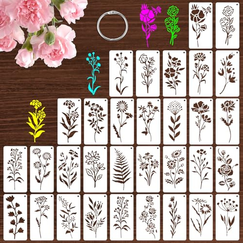 32 Stück Wildblumen Schablonen zum Malen, Wiederverwendbar Blumen Schablone und Blatt, 15 x 7,5 cm Malschablonen DIY Vorlagen Malerei Schablonen Set für Scrapbooking Holz Boden Wand Fliesen
