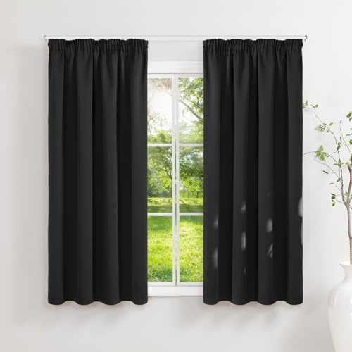 Runyéla Pencil Pleat Blackout Curtains for Bedroom Thermal Curtain 46 x 54 Inch Drop Kitchen Living Room 2 Panels Black
