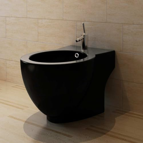 LoogCape Bidé de pie de cerámica negro 58 x 40 x 40 cm con orificio para grifo de 35 mm para limpieza e higiene en el baño, apto para inodoro y inodoro