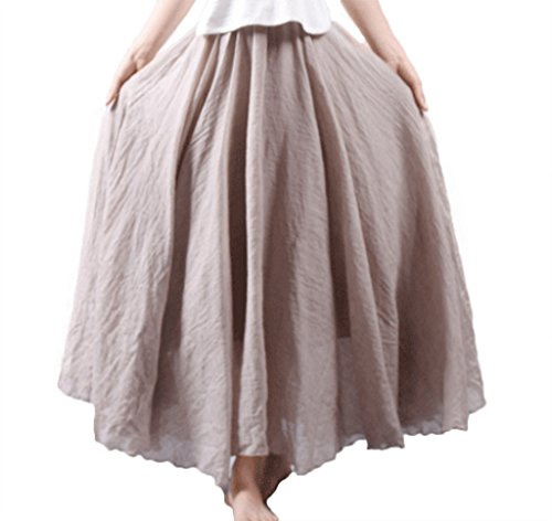 Elonglin Falda larga de lino y algodón para mujer, beige, Long 85CM