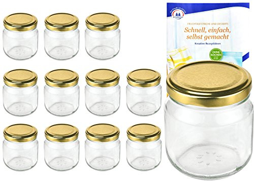 MamboCat 12er Set Rundgläser 212 ml nieder Deckelfarbe Gold to 66 inkl. Diamant Gelierzauber Rezeptheft, Marmeladengläser, Einmachgläser, Einweckgläser, Gläser