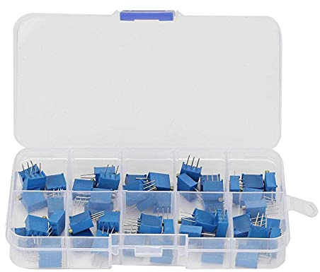50 Stücke 10 Werte 100 Ohm bis 200K Ohm Blau Variabler Widerstand Trimmer Pot Sortiment Kit Elektronische Komponente 3296W mit Aufbewahrungsbox