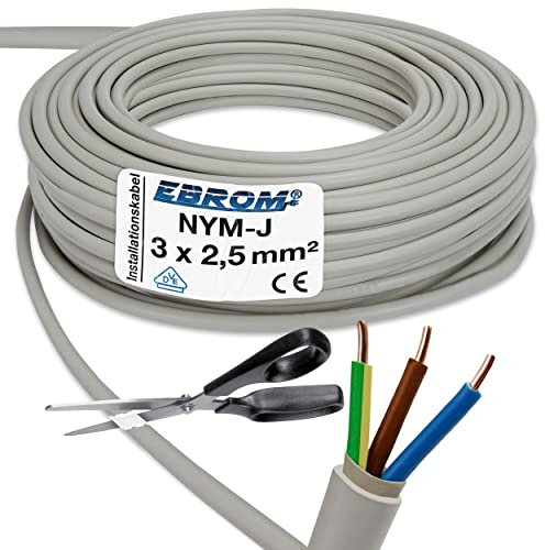 Ebrom Câble électrique sous gaine NYM-J 3 x 2,5 mm² Gris Vendu au mètre (par ex. 5 m, 10 m, 15 m, 18 m, 20 m, 25 m, 50 m, etc.)