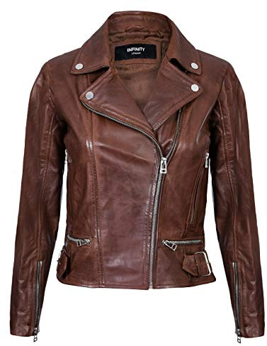 Infinity Leather Giacca da Donna Stile Vintage in Vera Pelle con Zip da Motociclista