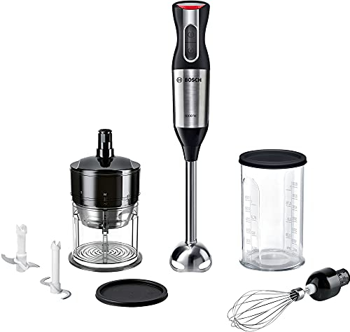 Bosch Stabmixer ErgoMixx Style MS6CM6166, Edelstahl-Mixfuß, Mix- und Messbecher, Schneebesen, VarioChopper, 4-Klingen-Messer, ergonomisches Design, 12 Stufen plus Turbo, 1000 W, Edelstahl