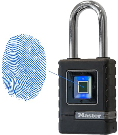 Master Lock 4901EURDLHCC Candado biométrico de alta resistencia Impermeable, Cerradura con huella dactilar y candado direccional de seguridad, Arco largo, Adecuado para aplicaciones de exterior