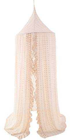 Wonder Space Elegantes Baldachin Mädchen Betthimmel mit Pompons und Moskitonetz für Kinderbett und Babybett – Dekoratives Prinzessin Zelt, Kinderzimmer Hängevorhang und Leseecke, Beige