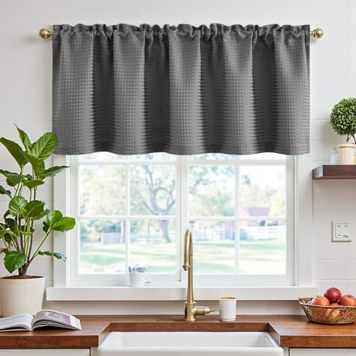 TOPICK Blickdicht Scheibengardinen Waffe Bistrogardine 1Stück H45xB150 Grau | Verdunkelung Küchenvorhänge modern Lichtdurchlässig Schrank Kurzgardine Küchfenster landhausstil küchengardine fenstergardine