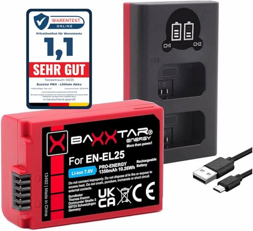 Baxxtar Pro EN-EL25 Akku 1350mAh (V1 Schutzgehäuse NTC Sensor) mit Ladegerät LCD DUAL (USB-C/MicroUSB) kompatibel mit Nikon EN-EL25a Z30 Z50 Z50II ZFC Z FC 30 50 50II EN EL25 EL25a ENEL25