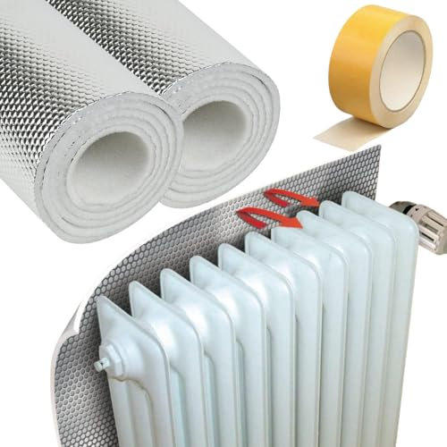 Set 2 Pannelli Termoriflettenti + Nastro Biadesivo per Radiatori Rotolo Isolante Rivestito in Alluminio Previene dispersione termica Riflette il calore 100x70 Cm