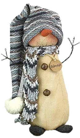 Honey & Me Colorado Snowman Doll 10.5 – Primitive Vintage Christmas Decor, Rustic Farmhouse Holiday Shelf Sitter with Striped Knit Hat & Scarf, Handmade Winter Figurine.