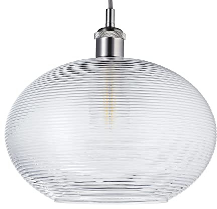 Contemporary Clear Ribbed Spiral Glass Easy Fit Drum Shaped Pendant Light Shade for Kitchen, Lounge, Dining Room etc | 60w Maximum | 30cm Diameter by Happy Homewares