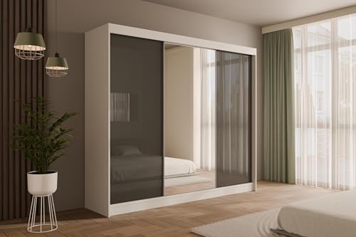 ALTDECOR Kleiderschrank mit Spiegel und Schiebetüren, kugelgelagerte Führungsschienen und Aluminium-Leisten - VESLI - 250 cm Weiß/Lacobel Grau