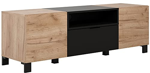trendteam smart living - Kendo - TV-Schrank - Eiche/Schwarz - modernes TV-Lowboard - (BxHxT) 144 x 47 x 40 cm - Fernsehschrank mit 2 verstellbaren Einlegeböden - kratzfest | B 144 x H 47 x T 40 cm · optional mit LED-Beleuchtung · 2 Türen, 1 Klappe, 1 offenes Fach, 2 Einlegeböden