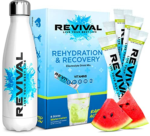 Revival Rapid Rehydration Starter Pack - 500ml Steel Water Bottle with 1 x 6 Packs Electrolytes Powder Sachets - Watermelon