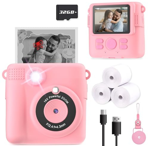 ESOXOFFORE Instant Print Camera för barn, jul födelsedagspresenter flickor pojkar ålder 3-12, HD digitala videokameror småbarn, bärbar leksak 3 4 5 6 7 8 9 10 år gammal flicka med 32 GB SD-kort – rosa
