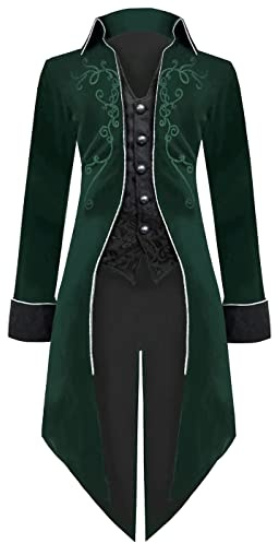 Jakloz män medeltida steampunk jacka gotisk frack rock karneval kostymer, renässans retro viktoriansk gård broderi kappa, halloween pirater vampyr cosplay kostymer för män (grön, M)