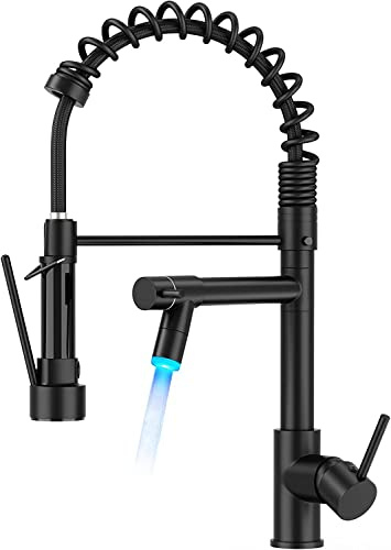 FORIOUS LED Black Kitchen Tap, Kitchen Mixer Taps with Two Spouts, Commercial Spring Swivels 360 Single Handle