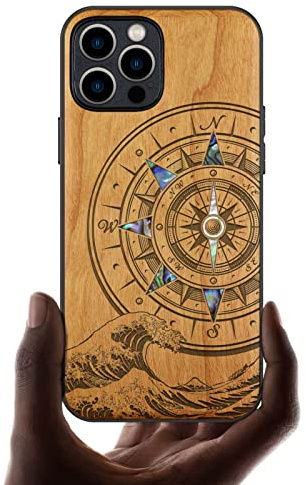 Carveit Coque magnétique pour iPhone 12 Pro Étui [Gravure en Bois et Incrustation de Coquille] Luxe Etui Compatible avec 12 Pro Magsafe Artistique Coque (Cerise-Boussole d'onde)