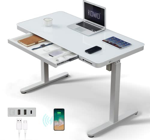 kowo Glass Standing Desk with Drawers, Height Adjustable Desk 120x60cm, Wireless Charging & USB-C, Tempered Glass Sit Stand Desk, White