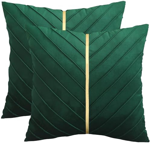 Tosleo 2er Set 60 x 60 cm Kissenbezüge Grün Samt Kissen mit Goldfarbenem Leder Dekokissen Moderne Luxuriös für Sofa Gartenbett Couch Wohnzimmer Sofakissen Bett