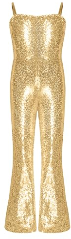 Alvivi Kinder Mädchen Turnanzug Gymnastikanzug Glitzer Body Overall Pailletten Jumpsuit Ganzkörper Trikot Gymnastik Leotard Tanzkleidung Gold 146-152