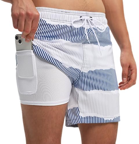 Badshorts för män snabbtorkande baddräkt, elastiskt nätfoder med fickor fritid korta byxor, justerbar dragsko boxershorts, sommar, surfing, sport, simning, Vita ränder, M