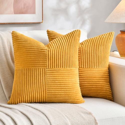 FDTERN 2er Set Gelb Kordsamt Kissenbezug 40x40CM Weich Moderne Dekorative Kissenbezüge Kissenhülle Dekokissenbezug Sofakissen Dekokissen Boho Herbst Deko für Sofa Schlafzimmer Wohnzimmer Balkon