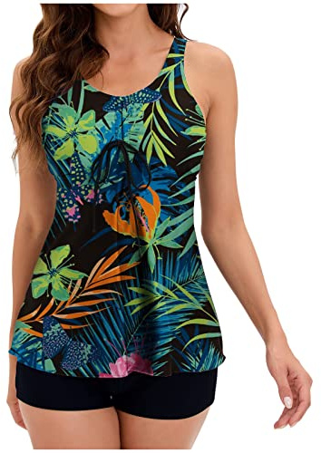 Floral Tankini for Women with Shorts UK Sale,Two Piece Swimsuits Boyleg Tummy Control Swimwear Vintage Print Swim Tank Tops High Waist Trunks Beach Bathing Suit Sets Swimming Costume Ladies