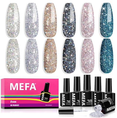 MEFA UV Nagellack Glitzer, 6 Farben Rosa Schwarz Blau Silber Farben 7 ML Soak Off UV LED Gel Nagellack Schellack Set für Gelnägel Nail Art Kit Maniküre Nageldesign Nägel Selber Machen