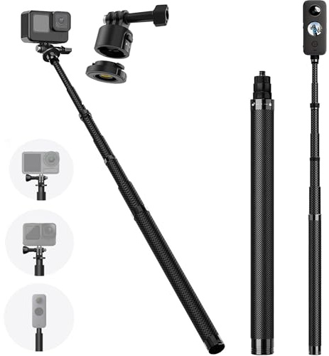 VIDIFY Perche à selfie invisible réglable en fibre de carbone pour Insta 360 X5, Osmo 360 pour Insta360 X5, X4, GoPro Max 360 – Comprend un adaptateur à libération rapide pour caméra d'action