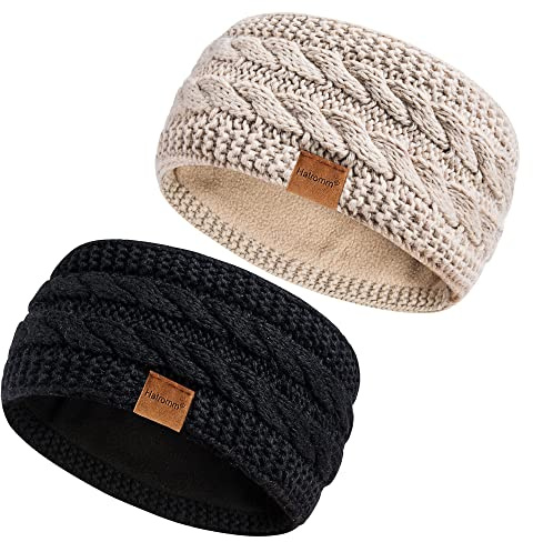 Hatromm Winter Headbands for Women Wool 2 Pack, Ear Warmers for Women Knitted Thick Fleece Lined, Headbands for Women's Hair Cold Weather Warm Ear Muffs(Black+Oatmeal)