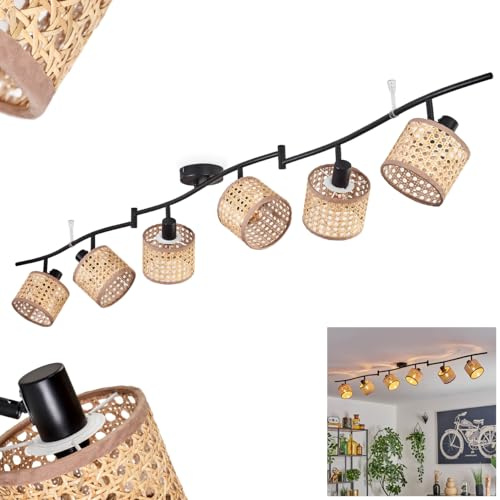 HOFSTEIN Deckenleuchte Ramila, verstellbare Deckenlampe aus Metall/Rattan/Wienergeflecht/Stoff in Schwarz/Natur, Leuchte im Boho-Design mit Lichteffekt, 6 x E14, Wohnzimmer, Esszimmer, Schlafzimmer