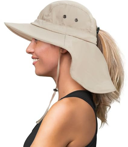 Creekstone Sonnenhut mit Nackenschutz Pferdeschwanz Loch, Breiter Krempe, UV-Schutz, Faltbar Wasserdicht Wanderhut Fischerhut, Damen und Herren (DE/NL/SE/PL, Alphanumerisch, Einheitsgröße, Beige)
