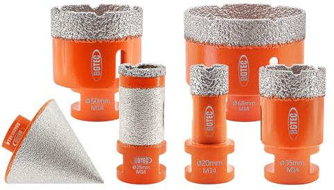 BGTEC Juego Brocas Diamante - 6piezas(20/35/50/68mm+25mm Broca Amoladora+50mm Avellanador) con Rosca M14 para Porcelana Cerámica Granito Mármol Mampostería Granito Piedra