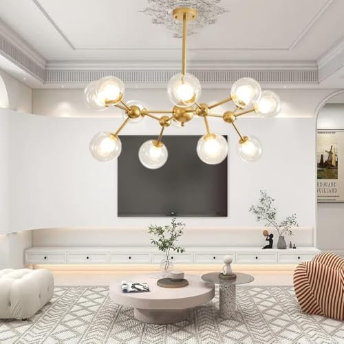 Phtlampes E27 Pendelleuchte Moderner Sputnik Kronleuchter Retro Verstellbarer Lampenschirm Aus Glas Hängelampe Für Wohnzimmer Schlafzimmer Gebürstetes Messing Goldfarbene Deckenleuchte(Gold,12 Heads)