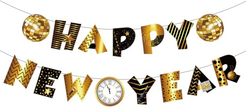 VIKY Silvester Deko 2026 Girlande Banner,Happy New Year Girlande Schwarz Gold,Neujahr Deko Girlanden für Silvester Dekoration,Disco Neujahrsdeko,Neujahr Silvesterdeko,2026 Silvester Party Deko Zubehör