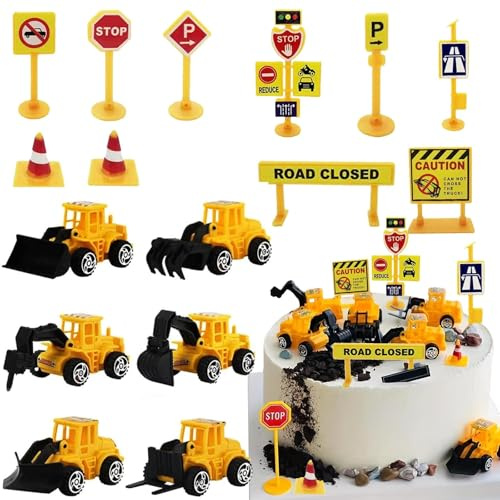 Bagger Tortendeko, 16 Stück Kuchen Deko Baustelle Set, Verkehrsschilder Spielzeug, Bagger Kuchen deko Auto, Baufahrzeug Cupcake Topper, für Geburtstag Party Dekoration