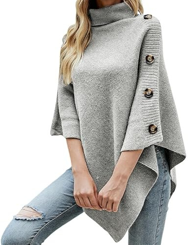 LIUYUYOUGO Poncho De Mujerponcho De Mujer Cuello Alto Chales Con Botones Color Sólido Elegante Capa De Punto Suéter De Otoño E Invierno Jersey Poncho Para Mujer Prenda De Punto Cálida Abrigo Gris