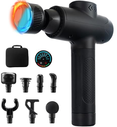 Massage Gun with Heat and Cold, 8 Speed Deep Tissue Massage, 14mm Amplitude, with LCD Touch Screen and 8 Massager Heads, Cordless, Quiet Handheld Massagers for Back Neck Shoulder Muscle Pain Relief
