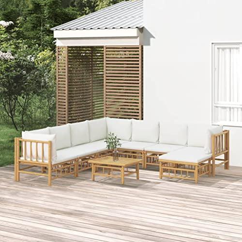 KATERYY 9-TLG. Garten-Lounge-Set mit Cremeweißen Kissen Bambus,GartenLoungeset aus Bambus individuelle Gestaltungsmöglichkeiten