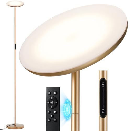 Aooshine LED Uplighter Floor Lamp for Living Room, 36W Gold Reading Standing Lamp for Bedroom, Remote Touch Control & Stepless Dimming, 1 Hour Timer for Living Room, Bedroom, Office